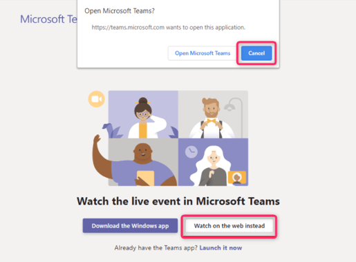 Microsoft Teams: If you have the Teams app installed, open the Teams app. If you don't have the Teams app installed, participate in it on your browser.