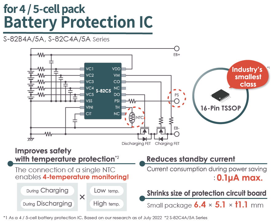 S-82B4/5, 82C4/5 - 4/5-cell battery protection IC with temp protection
